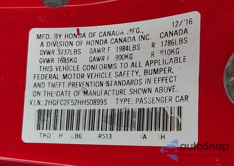 2017 Honda Civic Lx from USA, damaged, VIN 2HGFC2F52HH508995